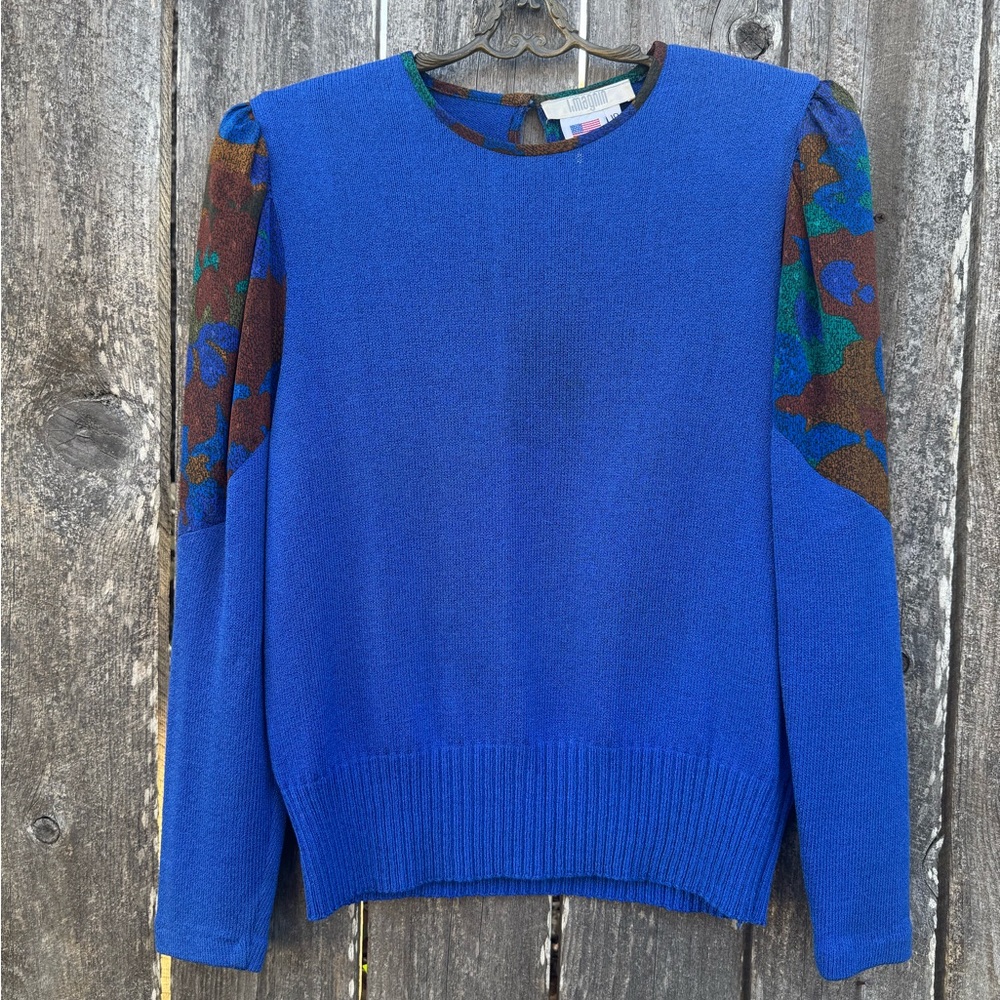 Vintage I. Magnin Vibrant Blue Women's Sweater with Patterned Sleeves Sz 10 *519